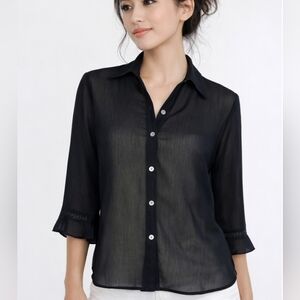 Liz Claiborne LizSport Petite Black Sheer Organza Blouse Small Petite